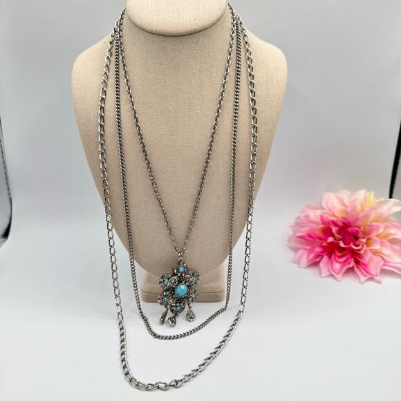 Vintage Ornate Filigree Floral Pendant Multistrand Necklace 60s 70s Statement - Picture 5 of 11